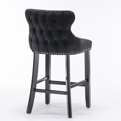 A&A Furniture,Contemporary Velvet Upholstered Wing - Back Barstools with Button Tufted Decoration and Wooden Legs, and Chrome Nailhead Trim, Leisure Style Bar Chairs,Bar stools,Set of 2 (Black),SW1824BK - 1st Choice Furniture Direct