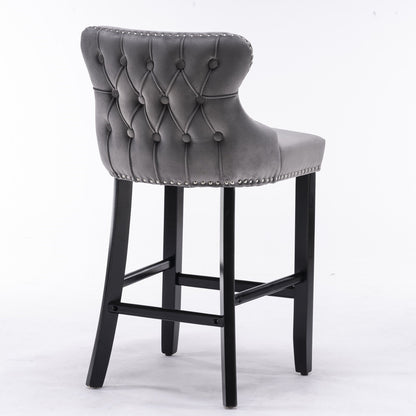 A&A Furniture,Contemporary Velvet Upholstered Wing - Back Barstools with Button Tufted Decoration and Wooden Legs, and Chrome Nailhead Trim, Leisure Style Bar Chairs,Bar stools, Set of 2 (Gray),SW1824GY - 1st Choice Furniture Direct