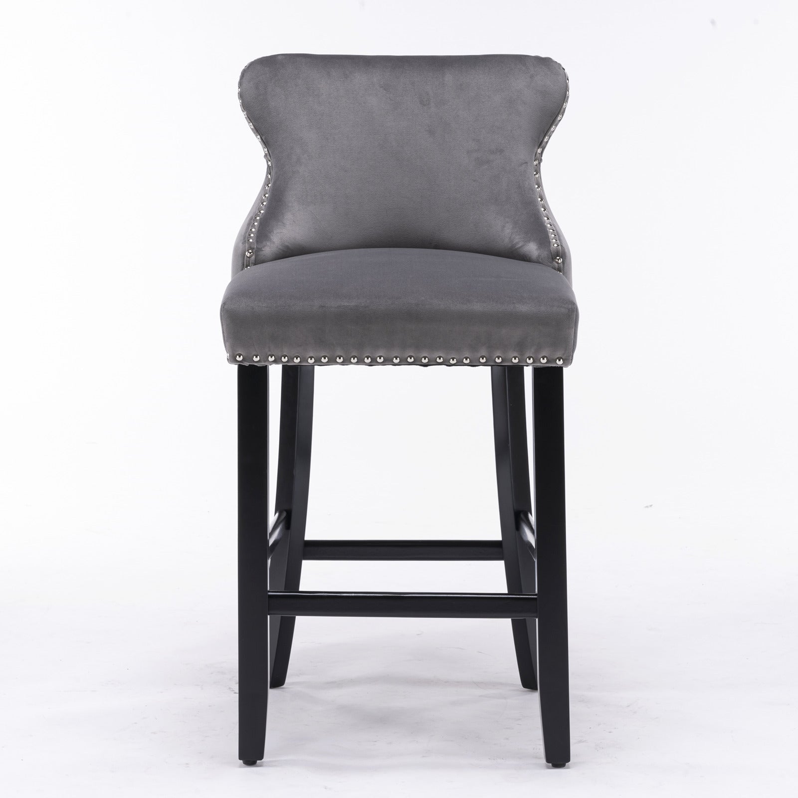 A&A Furniture,Contemporary Velvet Upholstered Wing - Back Barstools with Button Tufted Decoration and Wooden Legs, and Chrome Nailhead Trim, Leisure Style Bar Chairs,Bar stools, Set of 2 (Gray),SW1824GY - 1st Choice Furniture Direct