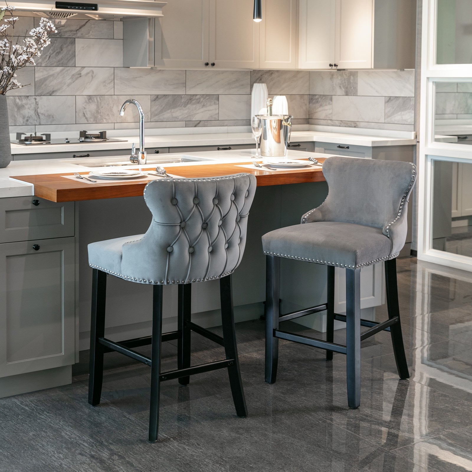 A&A Furniture,Contemporary Velvet Upholstered Wing - Back Barstools with Button Tufted Decoration and Wooden Legs, and Chrome Nailhead Trim, Leisure Style Bar Chairs,Bar stools, Set of 2 (Gray),SW1824GY - 1st Choice Furniture Direct