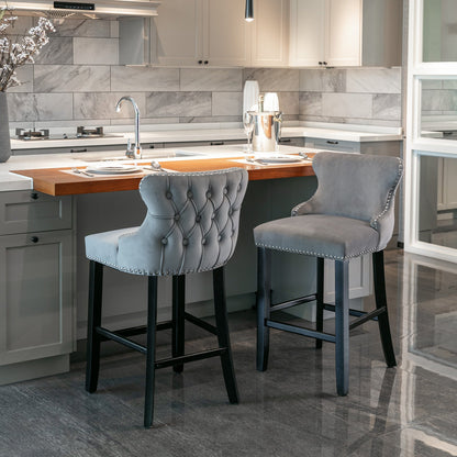 A&A Furniture,Contemporary Velvet Upholstered Wing - Back Barstools with Button Tufted Decoration and Wooden Legs, and Chrome Nailhead Trim, Leisure Style Bar Chairs,Bar stools, Set of 2 (Gray),SW1824GY - 1st Choice Furniture Direct