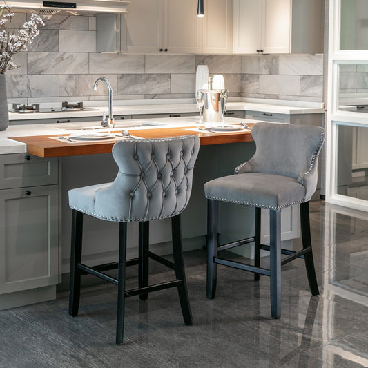 A&A Furniture,Contemporary Velvet Upholstered Wing - Back Barstools with Button Tufted Decoration and Wooden Legs, and Chrome Nailhead Trim, Leisure Style Bar Chairs,Bar stools, Set of 2 (Gray),SW1824GY - 1st Choice Furniture Direct