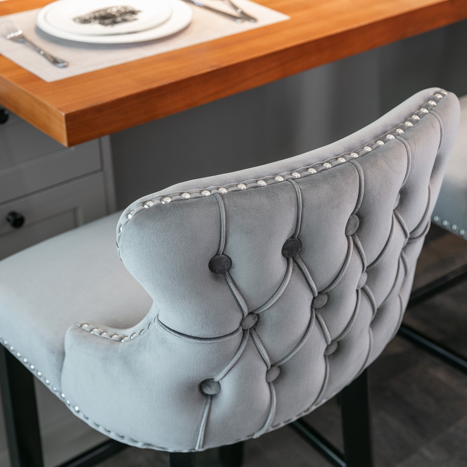 A&A Furniture,Contemporary Velvet Upholstered Wing - Back Barstools with Button Tufted Decoration and Wooden Legs, and Chrome Nailhead Trim, Leisure Style Bar Chairs,Bar stools, Set of 2 (Gray),SW1824GY - 1st Choice Furniture Direct