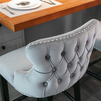 A&A Furniture,Contemporary Velvet Upholstered Wing - Back Barstools with Button Tufted Decoration and Wooden Legs, and Chrome Nailhead Trim, Leisure Style Bar Chairs,Bar stools, Set of 2 (Gray),SW1824GY - 1st Choice Furniture Direct