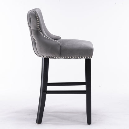 A&A Furniture,Contemporary Velvet Upholstered Wing - Back Barstools with Button Tufted Decoration and Wooden Legs, and Chrome Nailhead Trim, Leisure Style Bar Chairs,Bar stools, Set of 2 (Gray),SW1824GY - 1st Choice Furniture Direct
