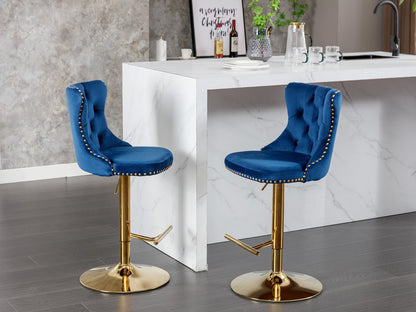 A&A Furniture,Golden Swivel Velvet Barstools Adjusatble Seat Height from 25 - 33 Inch, Modern Upholstered Bar Stools with Backs Comfortable Tufted for Home Pub and Kitchen Island,Blue,Set of 2 - 1st Choice Furniture Direct
