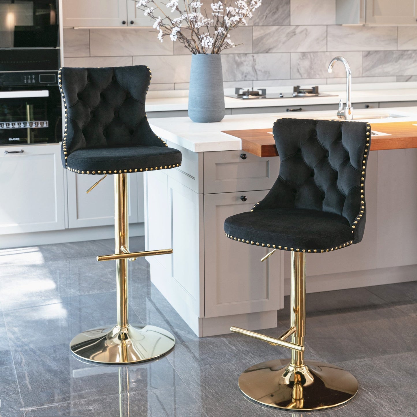 A&A Furniture,Golden Swivel Velvet Barstools Adjusatble Seat Height from 25 - 33 Inch, Modern Upholstered Bar Stools with Backs Comfortable Tufted for Home Pub and Kitchen Island（Black,Set of 2） - 1st Choice Furniture Direct