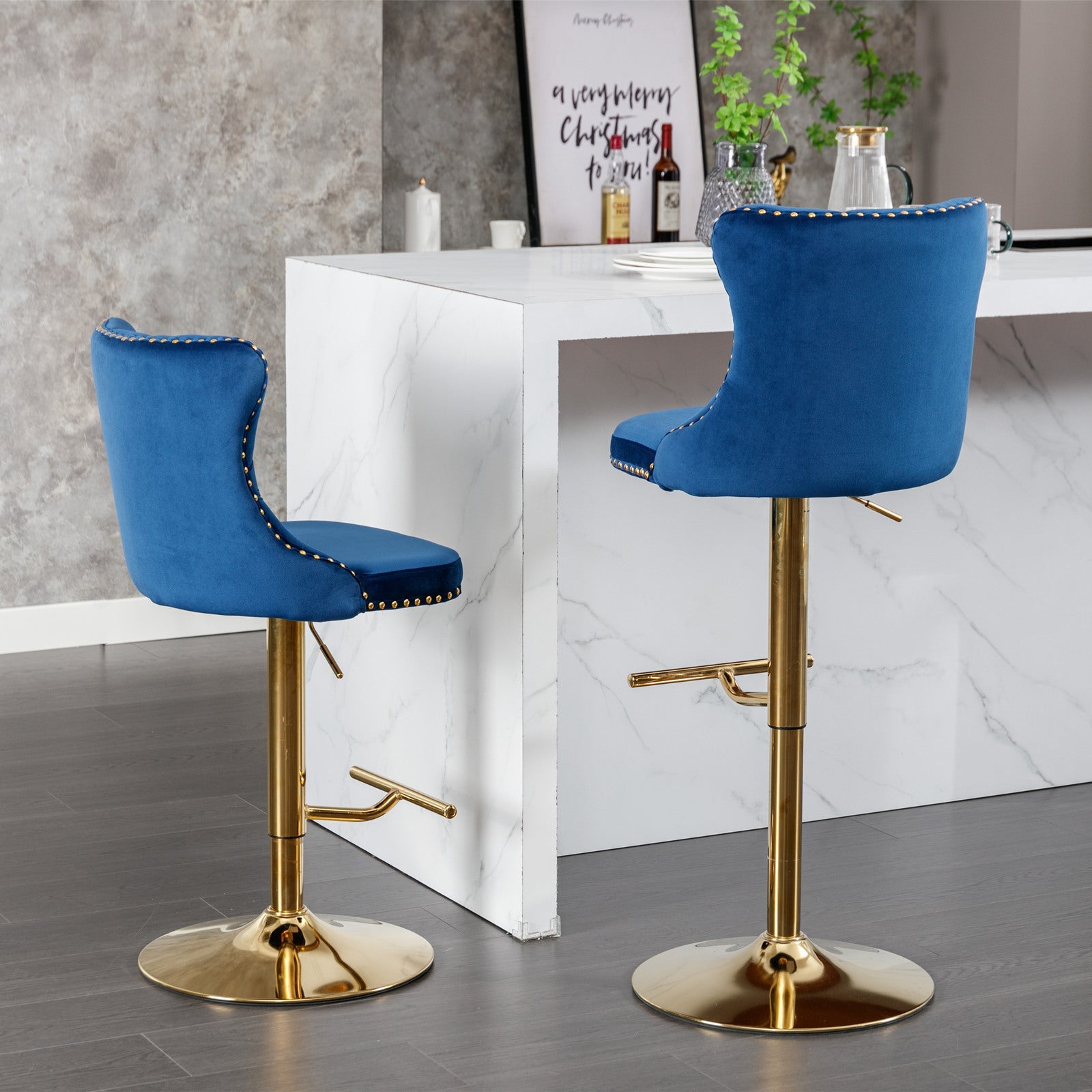 A&A Furniture,Golden Swivel Velvet Barstools Adjusatble Seat Height from 25 - 33 Inch, Modern Upholstered Bar Stools with Backs Comfortable Tufted for Home Pub and Kitchen Island,Blue,Set of 2 - 1st Choice Furniture Direct