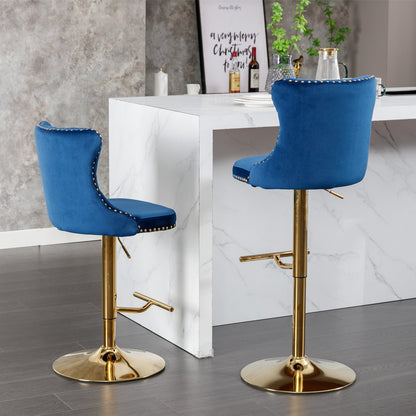 A&A Furniture,Golden Swivel Velvet Barstools Adjusatble Seat Height from 25 - 33 Inch, Modern Upholstered Bar Stools with Backs Comfortable Tufted for Home Pub and Kitchen Island,Blue,Set of 2 - 1st Choice Furniture Direct