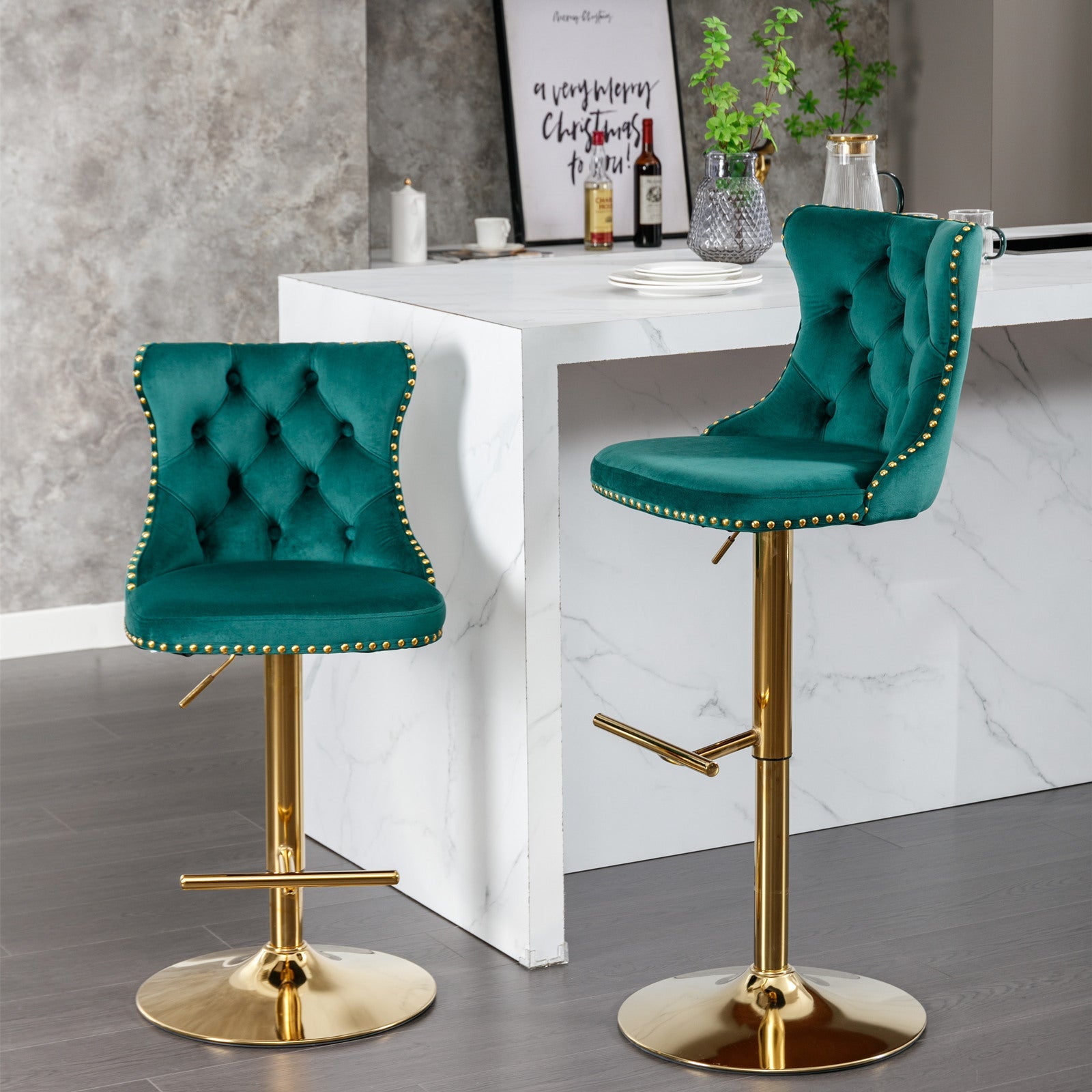 A&A Furniture,Golden Swivel Velvet Barstools Adjusatble Seat Height from 25 - 33 Inch, Modern Upholstered Bar Stools with Backs Comfortable Tufted for Home Pub and Kitchen Island（Green,Set of 2） - 1st Choice Furniture Direct