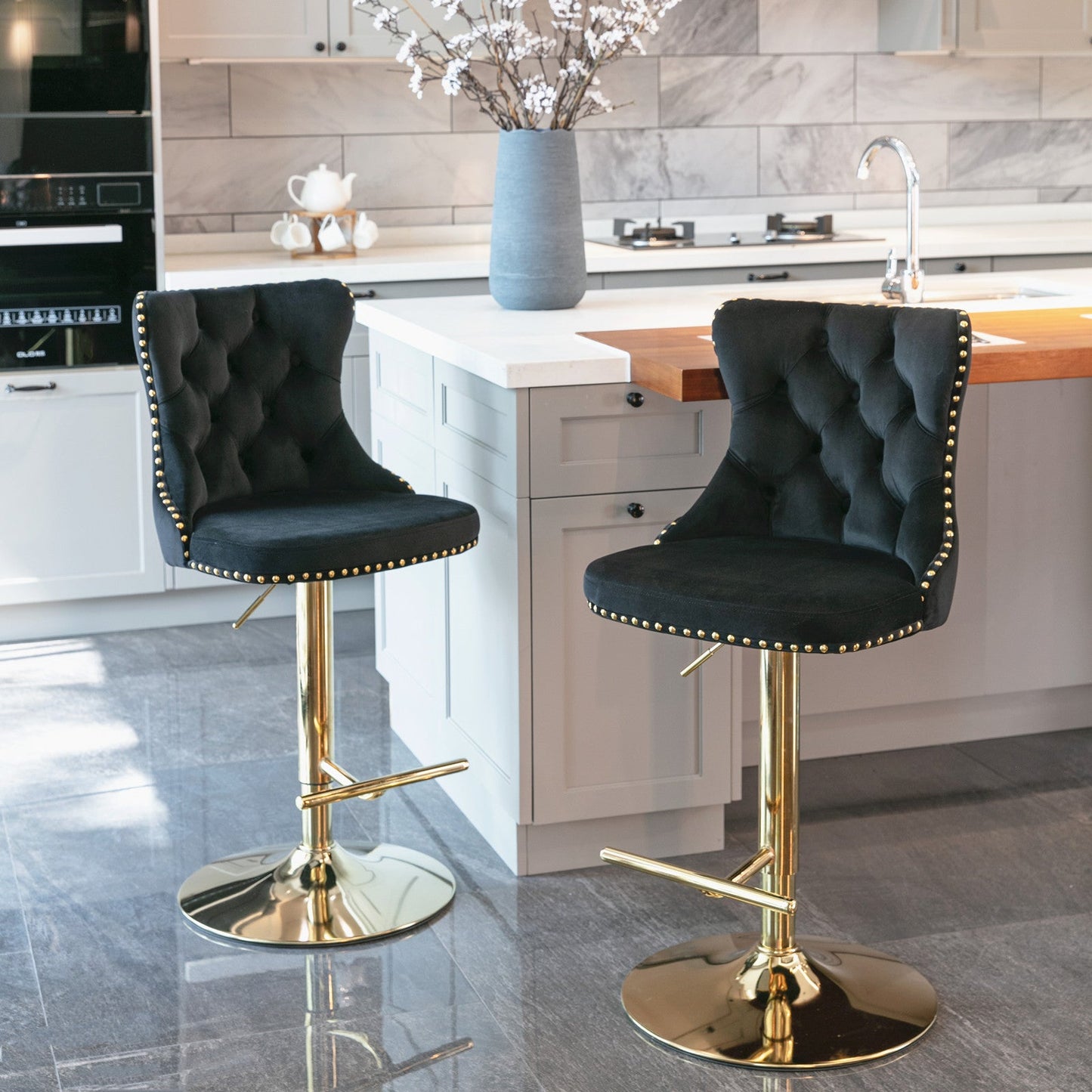 A&A Furniture,Golden Swivel Velvet Barstools Adjusatble Seat Height from 25 - 33 Inch, Modern Upholstered Bar Stools with Backs Comfortable Tufted for Home Pub and Kitchen Island（Black,Set of 2） - 1st Choice Furniture Direct