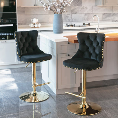 A&A Furniture,Golden Swivel Velvet Barstools Adjusatble Seat Height from 25 - 33 Inch, Modern Upholstered Bar Stools with Backs Comfortable Tufted for Home Pub and Kitchen Island（Black,Set of 2） - 1st Choice Furniture Direct
