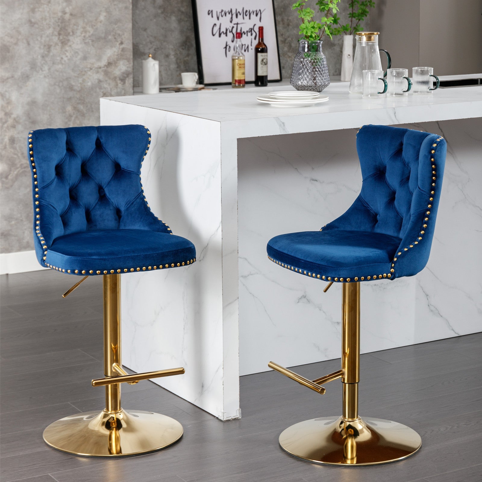 A&A Furniture,Golden Swivel Velvet Barstools Adjusatble Seat Height from 25 - 33 Inch, Modern Upholstered Bar Stools with Backs Comfortable Tufted for Home Pub and Kitchen Island,Blue,Set of 2 - 1st Choice Furniture Direct