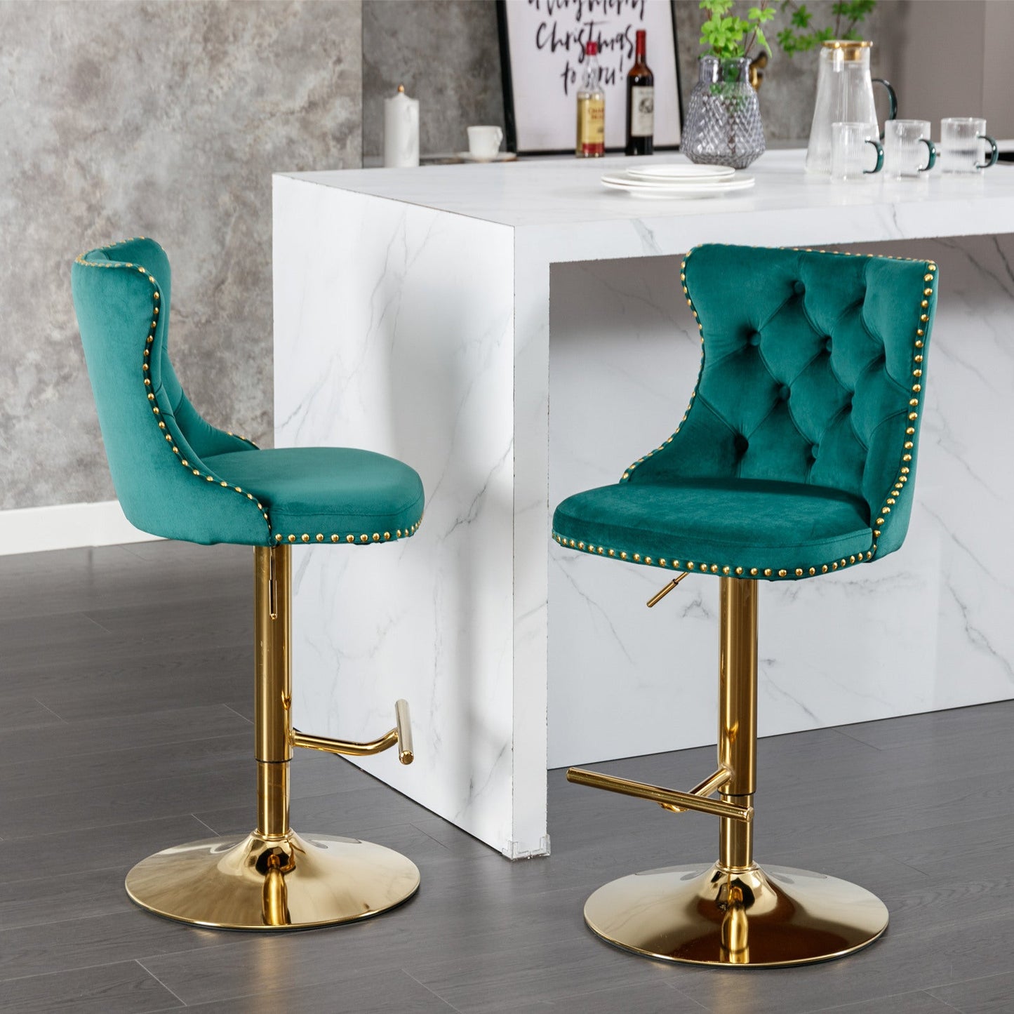 A&A Furniture,Golden Swivel Velvet Barstools Adjusatble Seat Height from 25 - 33 Inch, Modern Upholstered Bar Stools with Backs Comfortable Tufted for Home Pub and Kitchen Island（Green,Set of 2） - 1st Choice Furniture Direct