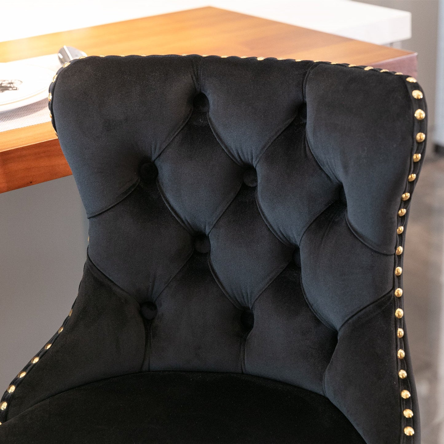 A&A Furniture,Golden Swivel Velvet Barstools Adjusatble Seat Height from 25 - 33 Inch, Modern Upholstered Bar Stools with Backs Comfortable Tufted for Home Pub and Kitchen Island（Black,Set of 2） - 1st Choice Furniture Direct