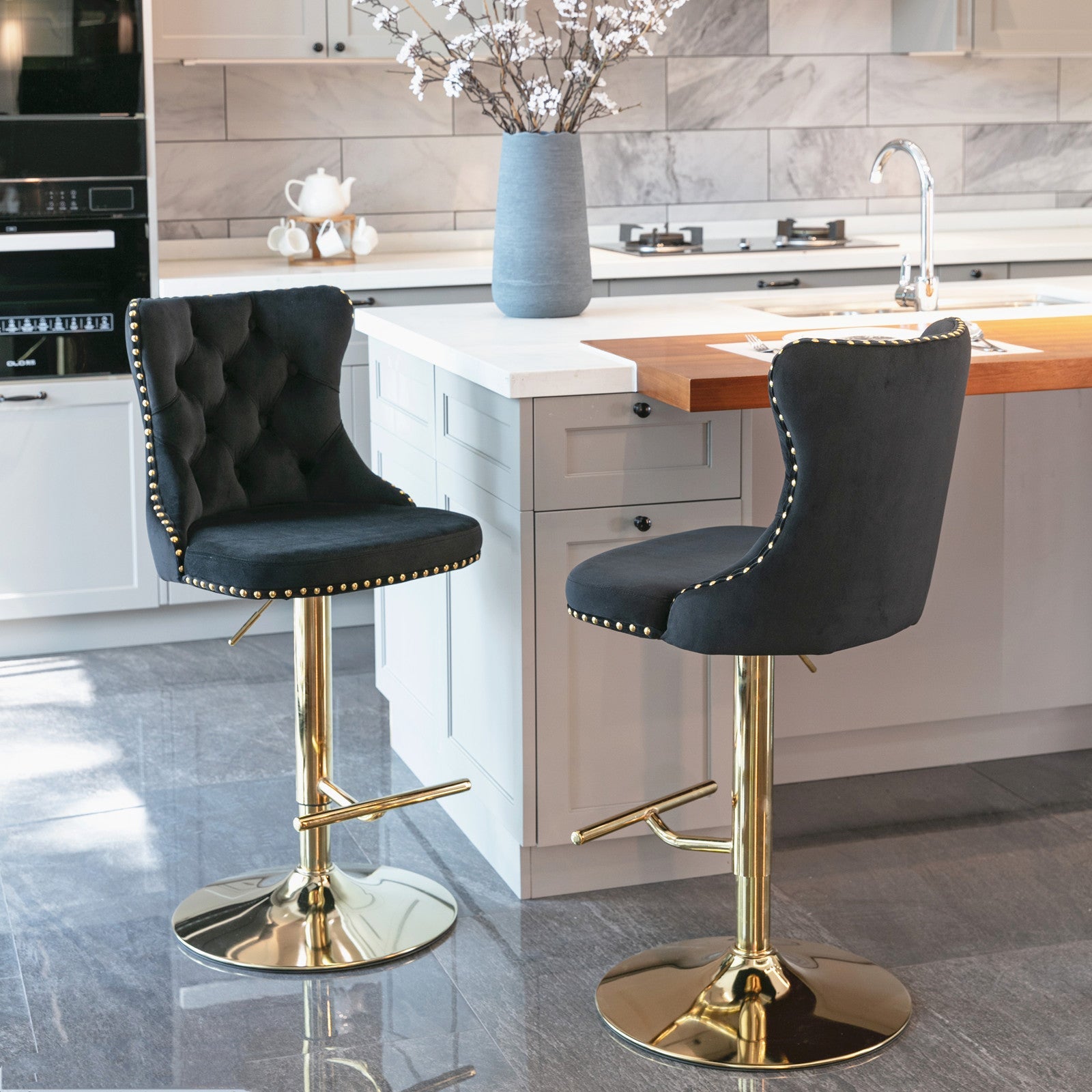 A&A Furniture,Golden Swivel Velvet Barstools Adjusatble Seat Height from 25 - 33 Inch, Modern Upholstered Bar Stools with Backs Comfortable Tufted for Home Pub and Kitchen Island（Black,Set of 2） - 1st Choice Furniture Direct