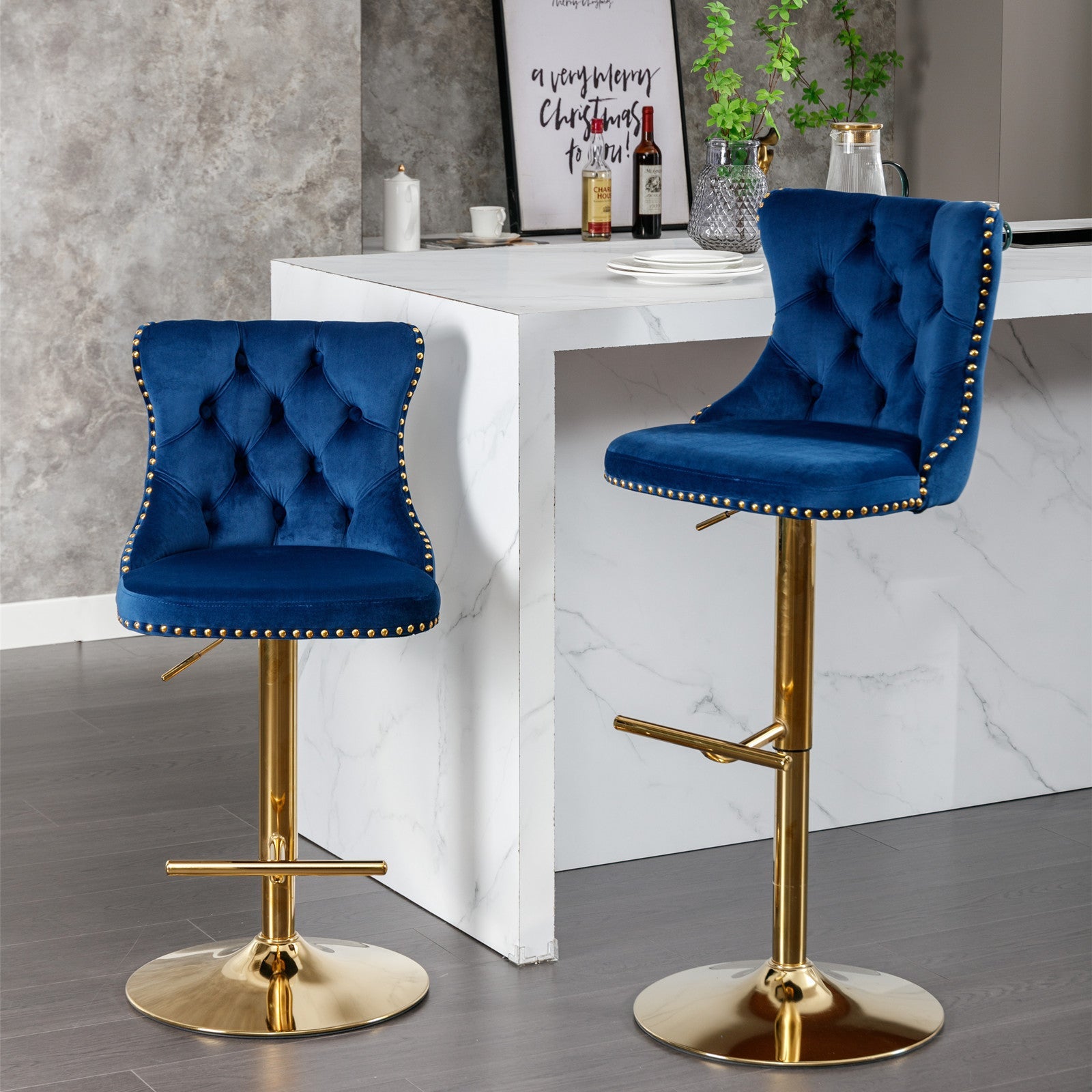 A&A Furniture,Golden Swivel Velvet Barstools Adjusatble Seat Height from 25 - 33 Inch, Modern Upholstered Bar Stools with Backs Comfortable Tufted for Home Pub and Kitchen Island,Blue,Set of 2 - 1st Choice Furniture Direct