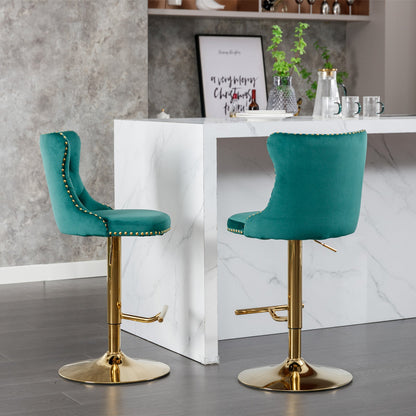 A&A Furniture,Golden Swivel Velvet Barstools Adjusatble Seat Height from 25 - 33 Inch, Modern Upholstered Bar Stools with Backs Comfortable Tufted for Home Pub and Kitchen Island（Green,Set of 2） - 1st Choice Furniture Direct