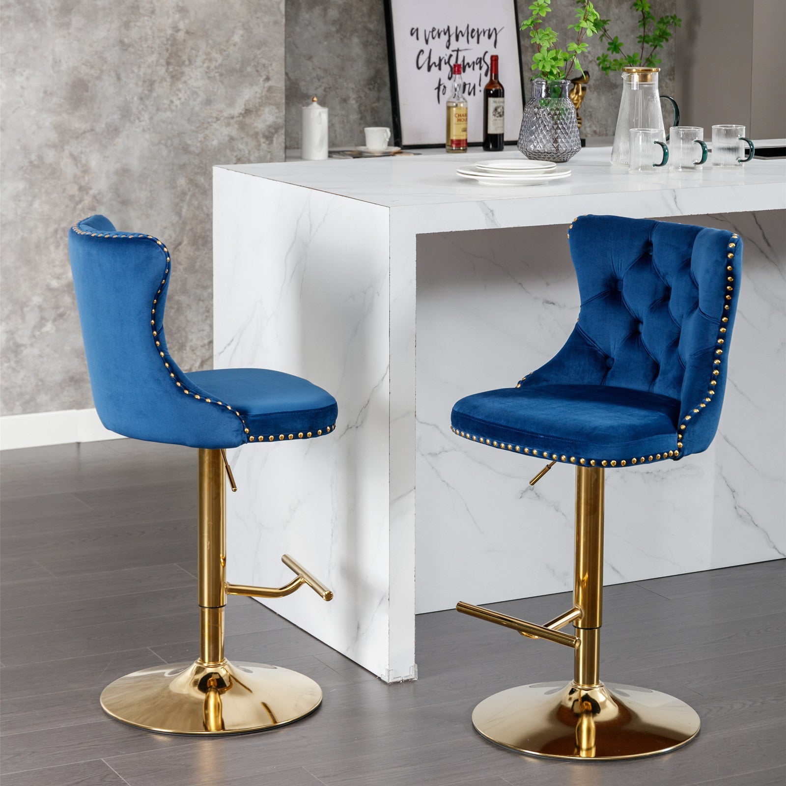 A&A Furniture,Golden Swivel Velvet Barstools Adjusatble Seat Height from 25 - 33 Inch, Modern Upholstered Bar Stools with Backs Comfortable Tufted for Home Pub and Kitchen Island,Blue,Set of 2 - 1st Choice Furniture Direct