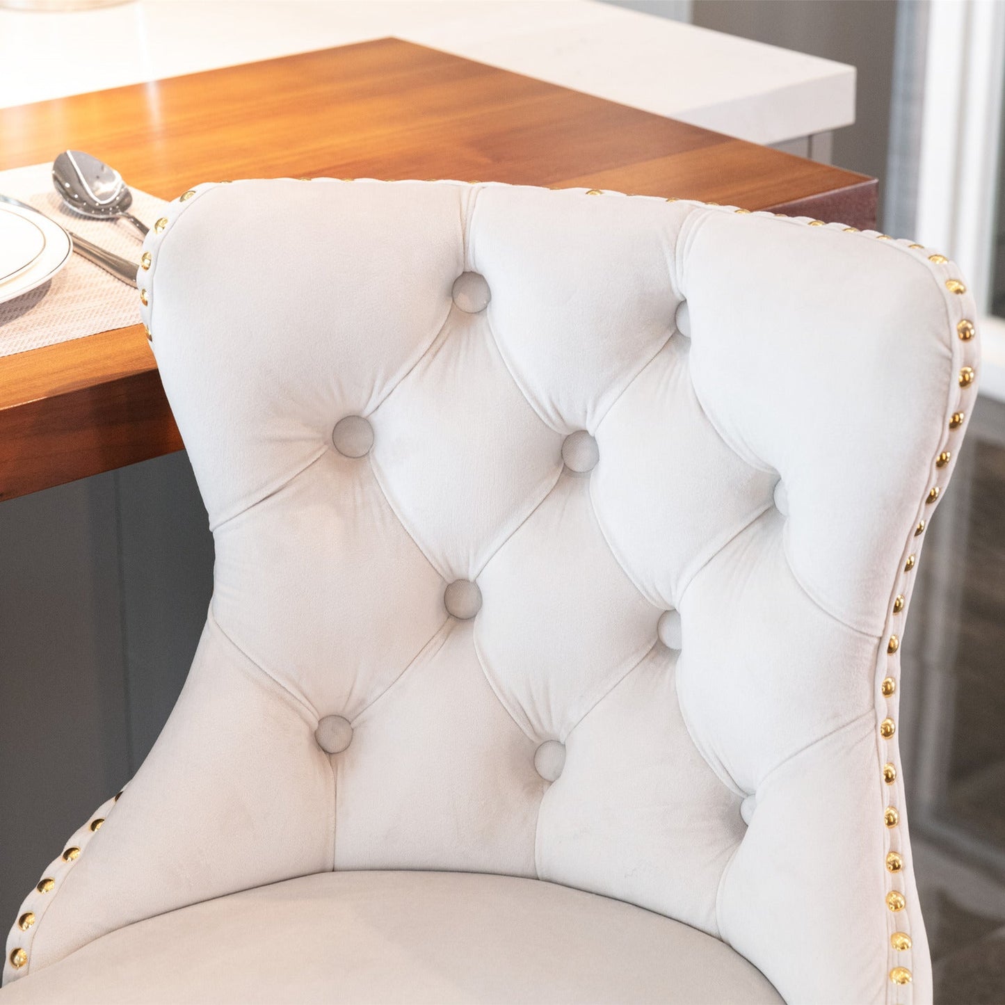 A&A Furniture,Golden Swivel Velvet Barstools Adjusatble Seat Height from 25 - 33 Inch,Modern Upholstered Bar Stools with Backs Comfortable Tufted for Home Pub and Kitchen Island,Beige,Set of 2 - 1st Choice Furniture Direct