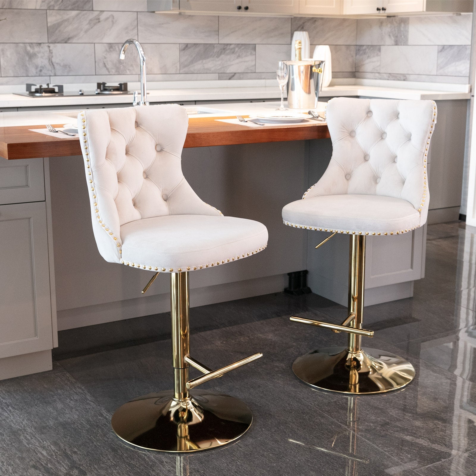 A&A Furniture,Golden Swivel Velvet Barstools Adjusatble Seat Height from 25 - 33 Inch,Modern Upholstered Bar Stools with Backs Comfortable Tufted for Home Pub and Kitchen Island,Beige,Set of 2 - 1st Choice Furniture Direct
