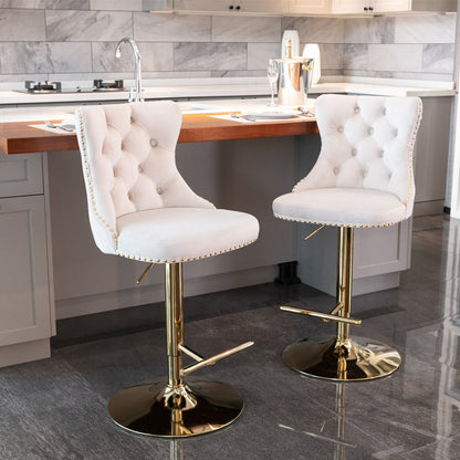 A&A Furniture,Golden Swivel Velvet Barstools Adjusatble Seat Height from 25 - 33 Inch,Modern Upholstered Bar Stools with Backs Comfortable Tufted for Home Pub and Kitchen Island,Beige,Set of 2 - 1st Choice Furniture Direct