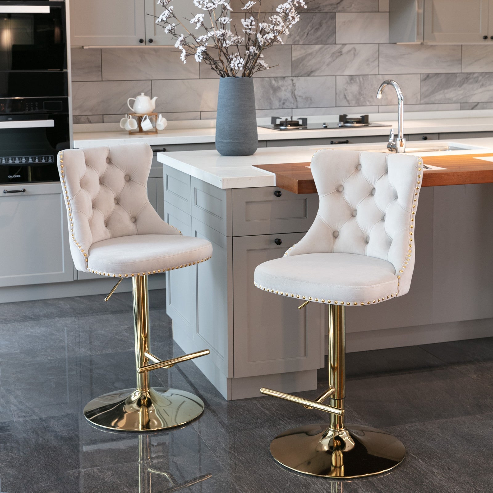 A&A Furniture,Golden Swivel Velvet Barstools Adjusatble Seat Height from 25 - 33 Inch,Modern Upholstered Bar Stools with Backs Comfortable Tufted for Home Pub and Kitchen Island,Beige,Set of 2 - 1st Choice Furniture Direct