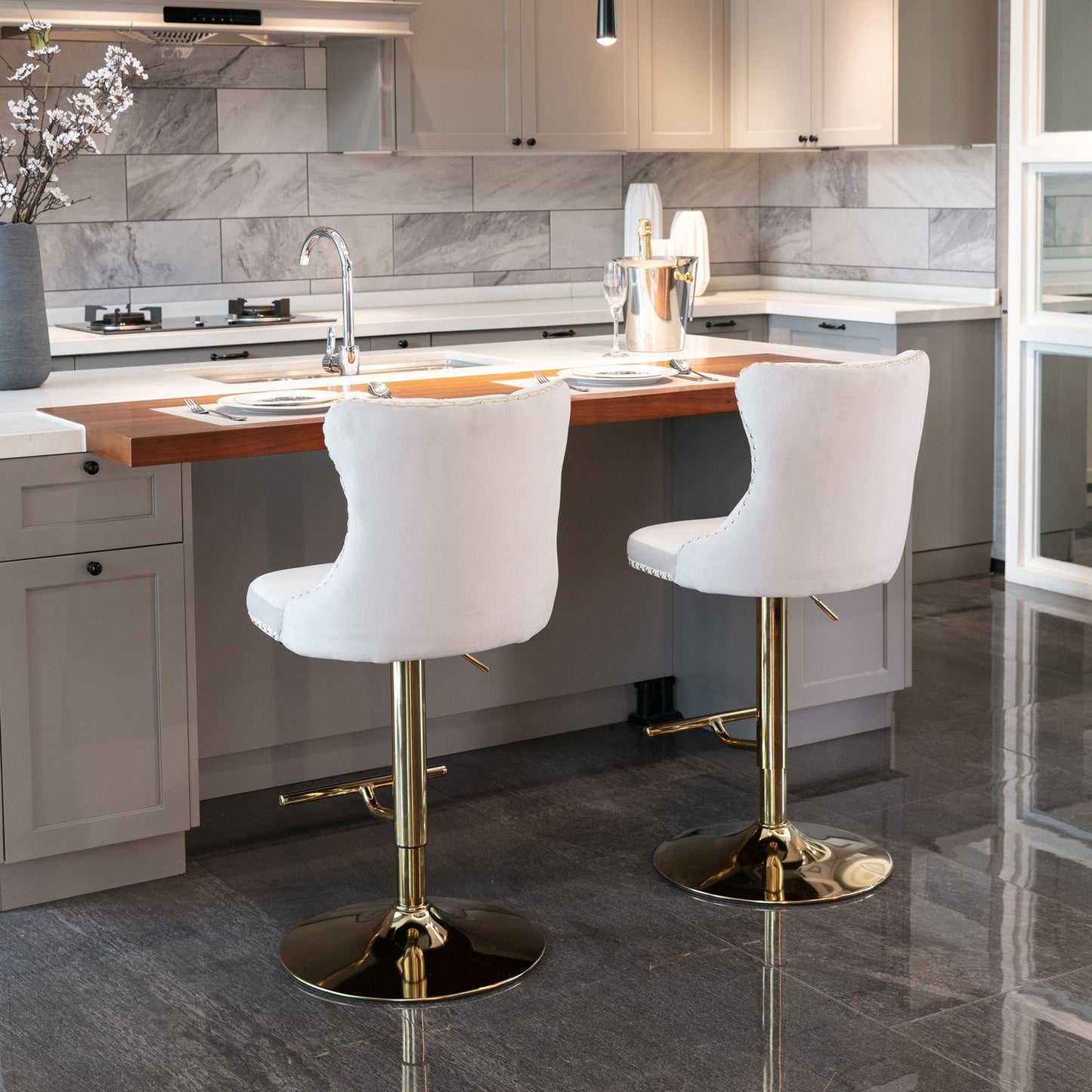A&A Furniture,Golden Swivel Velvet Barstools Adjusatble Seat Height from 25 - 33 Inch,Modern Upholstered Bar Stools with Backs Comfortable Tufted for Home Pub and Kitchen Island,Beige,Set of 2 - 1st Choice Furniture Direct