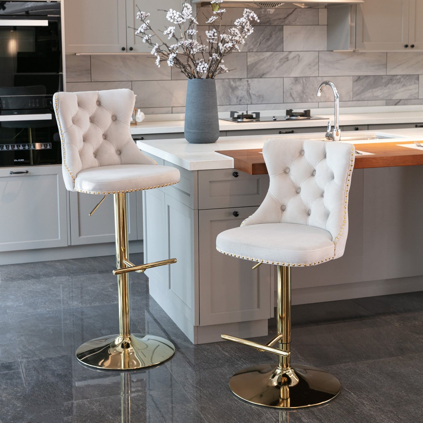 A&A Furniture,Golden Swivel Velvet Barstools Adjusatble Seat Height from 25 - 33 Inch,Modern Upholstered Bar Stools with Backs Comfortable Tufted for Home Pub and Kitchen Island,Beige,Set of 2 - 1st Choice Furniture Direct
