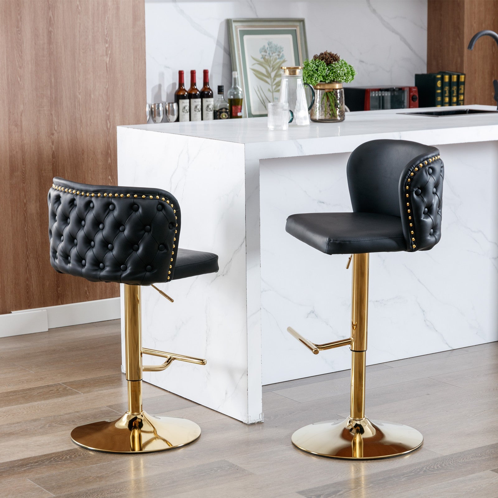 A&A Furniture,Swivel Barstools Adjusatble Seat Height, Modern PU Upholstered Bar Stools with the whole Back Tufted, for Home Pub and Kitchen Island（Black, Set of 2） - 1st Choice Furniture Direct