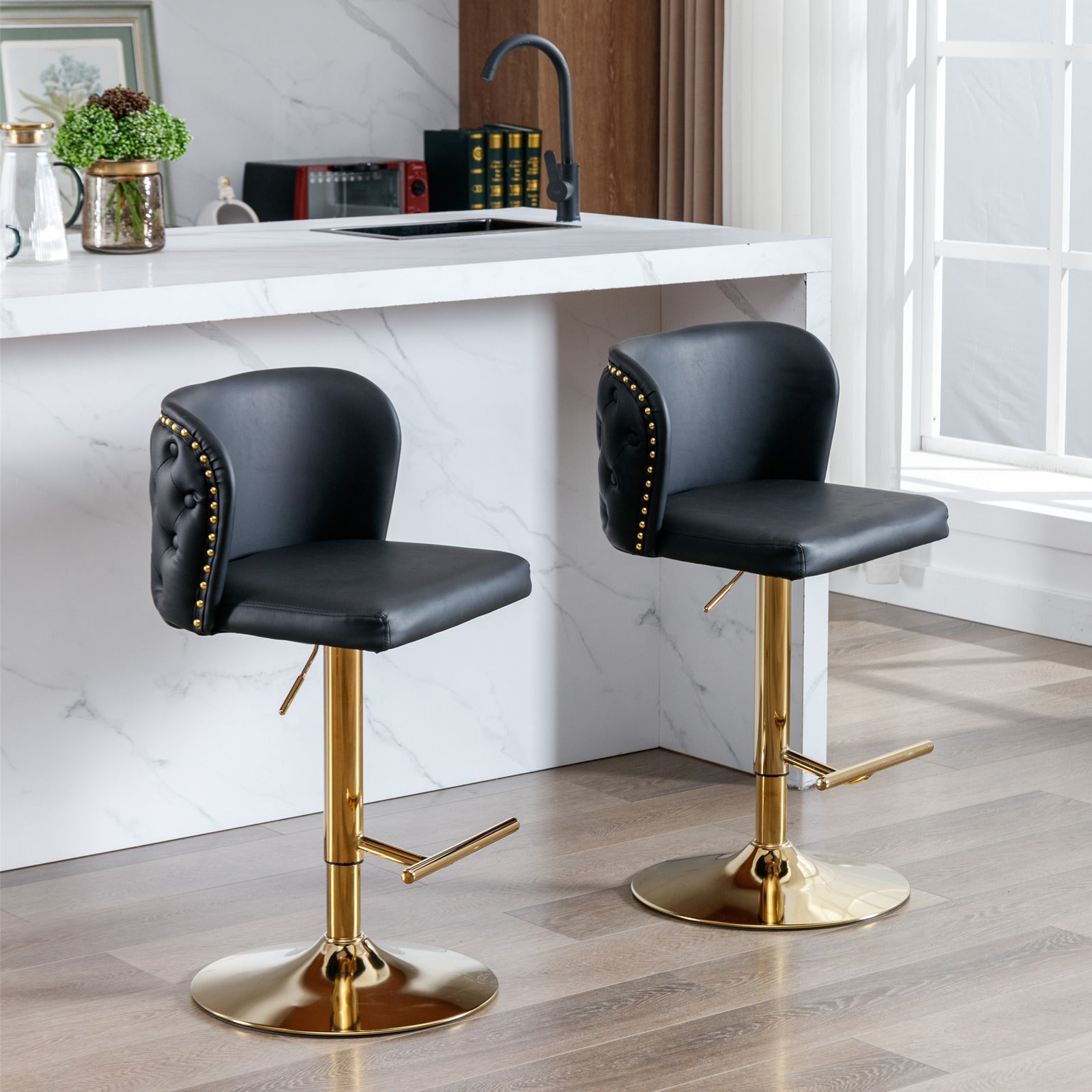 A&A Furniture,Swivel Barstools Adjusatble Seat Height, Modern PU Upholstered Bar Stools with the whole Back Tufted, for Home Pub and Kitchen Island（Black, Set of 2） - 1st Choice Furniture Direct