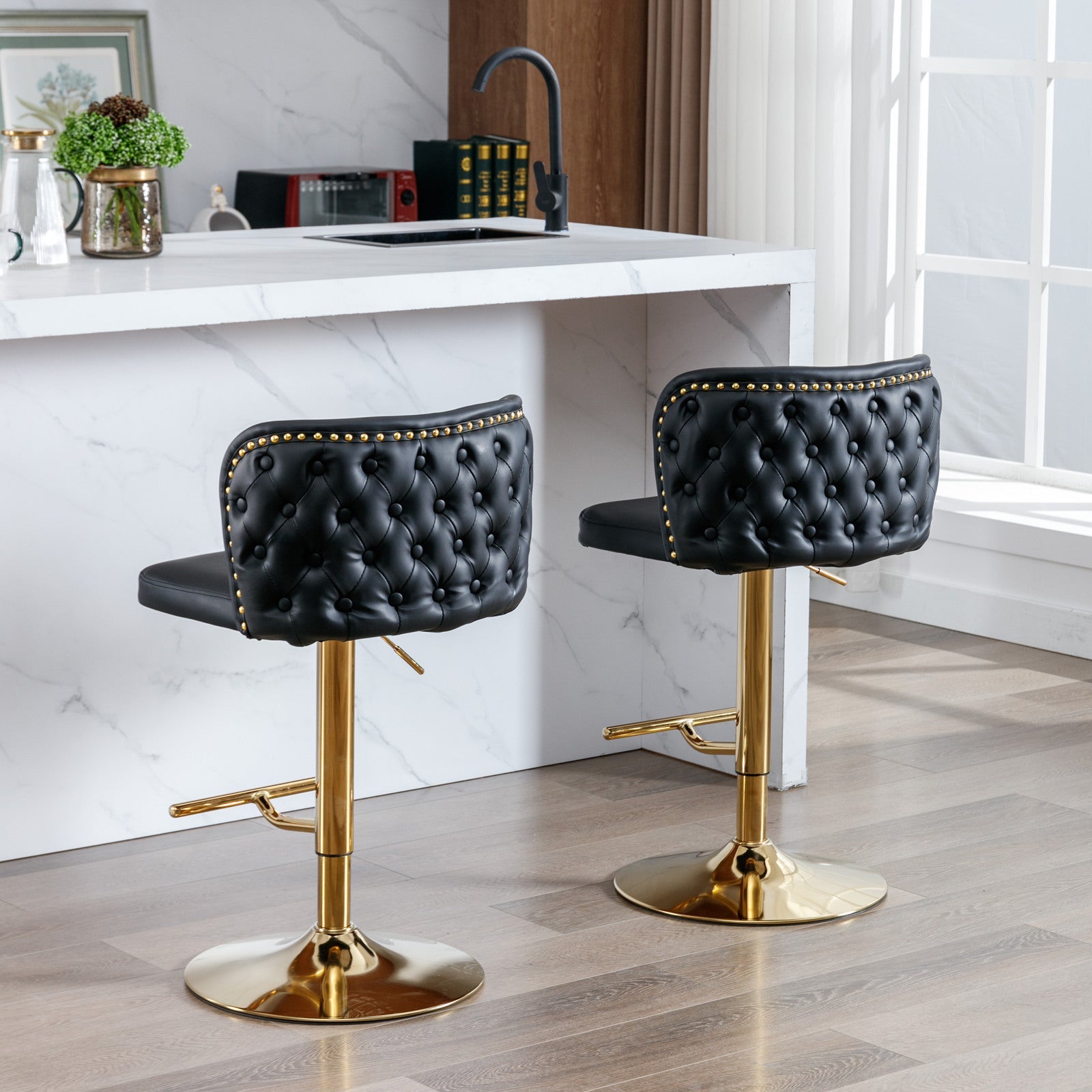 A&A Furniture,Swivel Barstools Adjusatble Seat Height, Modern PU Upholstered Bar Stools with the whole Back Tufted, for Home Pub and Kitchen Island（Black, Set of 2） - 1st Choice Furniture Direct