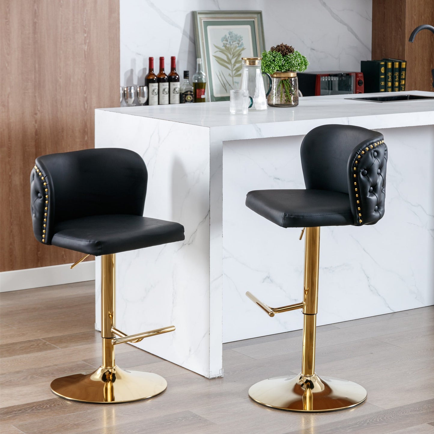 A&A Furniture,Swivel Barstools Adjusatble Seat Height, Modern PU Upholstered Bar Stools with the whole Back Tufted, for Home Pub and Kitchen Island（Black, Set of 2） - 1st Choice Furniture Direct