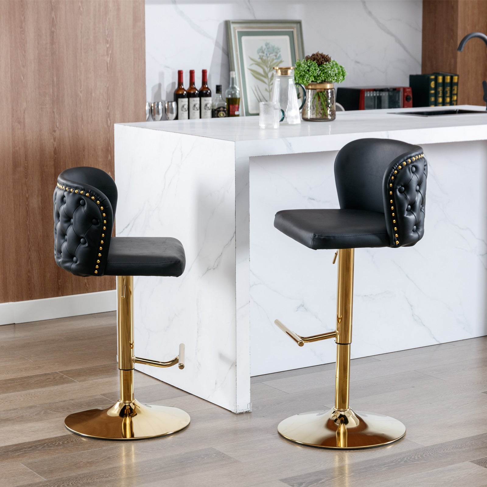 A&A Furniture,Swivel Barstools Adjusatble Seat Height, Modern PU Upholstered Bar Stools with the whole Back Tufted, for Home Pub and Kitchen Island（Black, Set of 2） - 1st Choice Furniture Direct