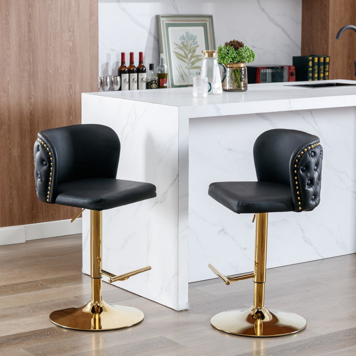 A&A Furniture,Swivel Barstools Adjusatble Seat Height, Modern PU Upholstered Bar Stools with the whole Back Tufted, for Home Pub and Kitchen Island（Black, Set of 2） - 1st Choice Furniture Direct