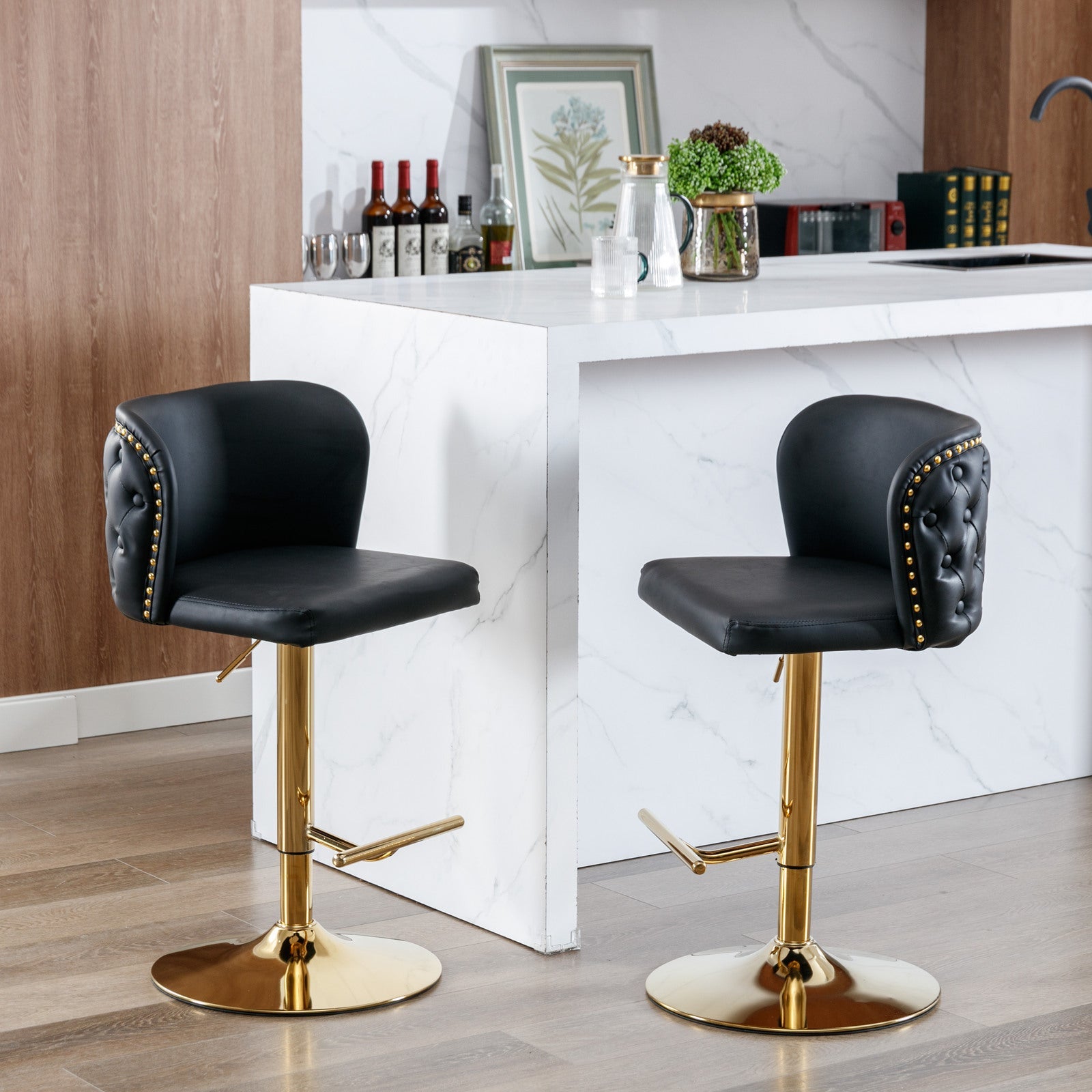 A&A Furniture,Swivel Barstools Adjusatble Seat Height, Modern PU Upholstered Bar Stools with the whole Back Tufted, for Home Pub and Kitchen Island（Black, Set of 2） - 1st Choice Furniture Direct