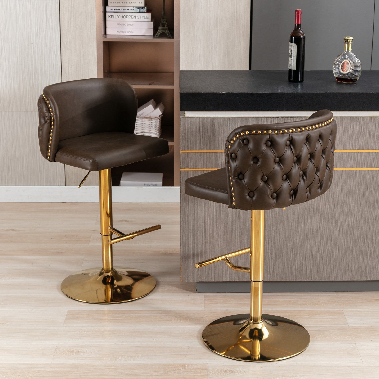 A&A Furniture,Swivel Barstools Adjusatble Seat Height, Modern PU Upholstered Bar Stools with the whole Back Tufted, for Home Pub and Kitchen Island（Brown, Set of 2） - 1st Choice Furniture Direct