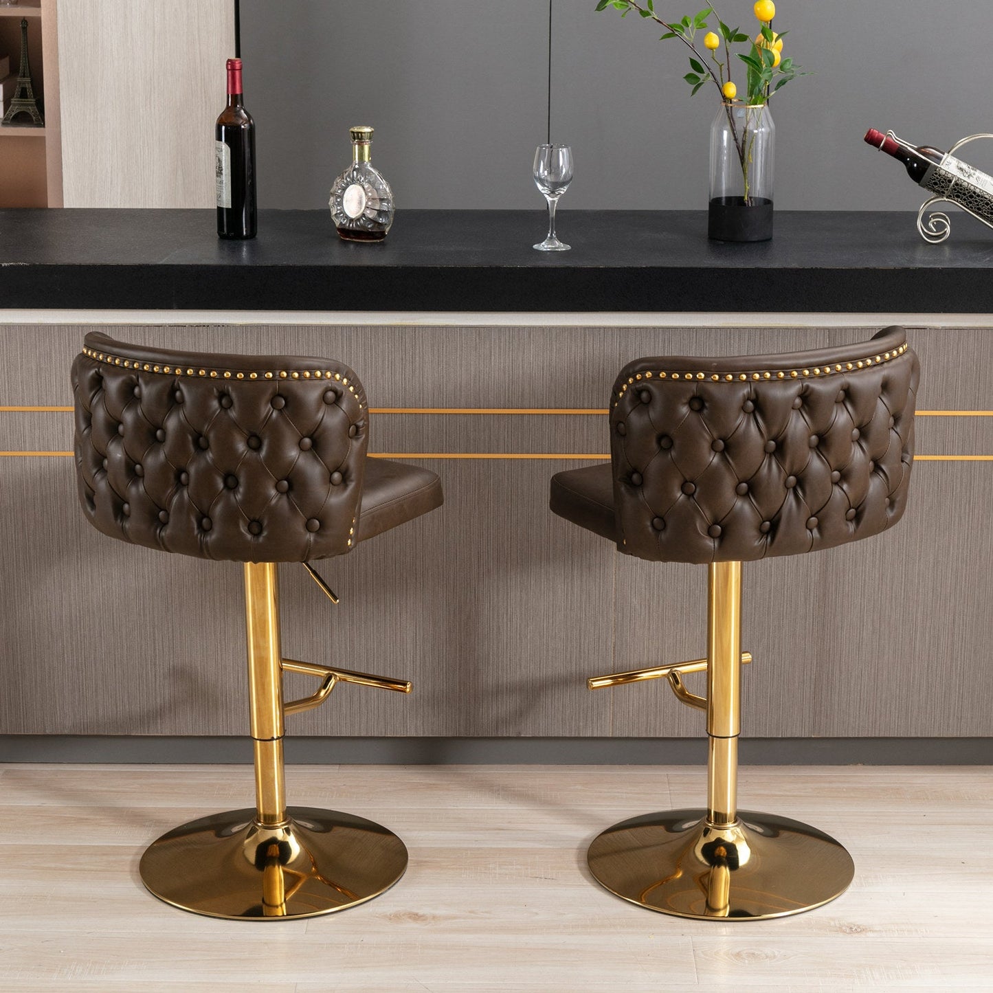 A&A Furniture,Swivel Barstools Adjusatble Seat Height, Modern PU Upholstered Bar Stools with the whole Back Tufted, for Home Pub and Kitchen Island（Brown, Set of 2） - 1st Choice Furniture Direct