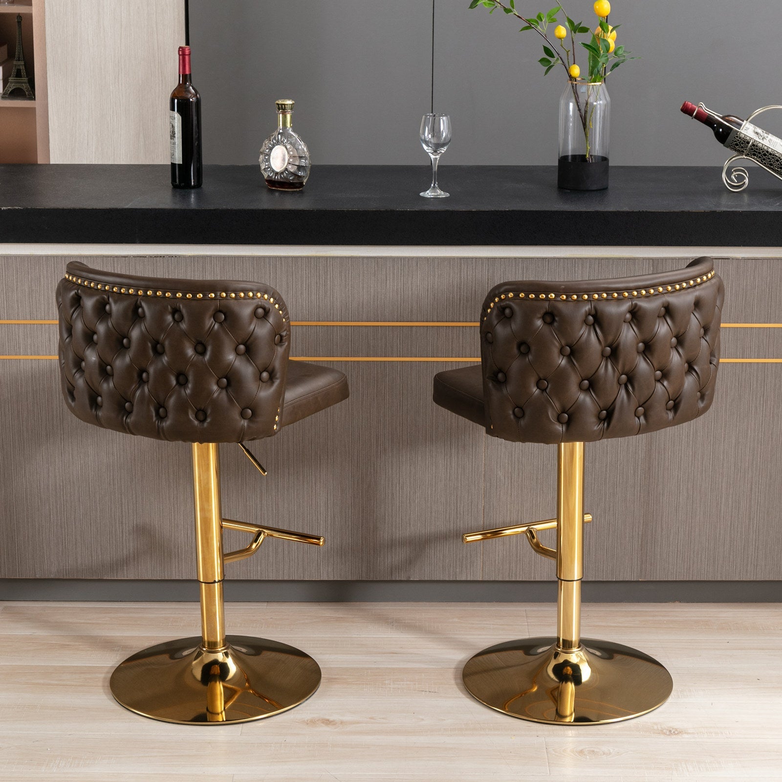 A&A Furniture,Swivel Barstools Adjusatble Seat Height, Modern PU Upholstered Bar Stools with the whole Back Tufted, for Home Pub and Kitchen Island（Brown, Set of 2） - 1st Choice Furniture Direct