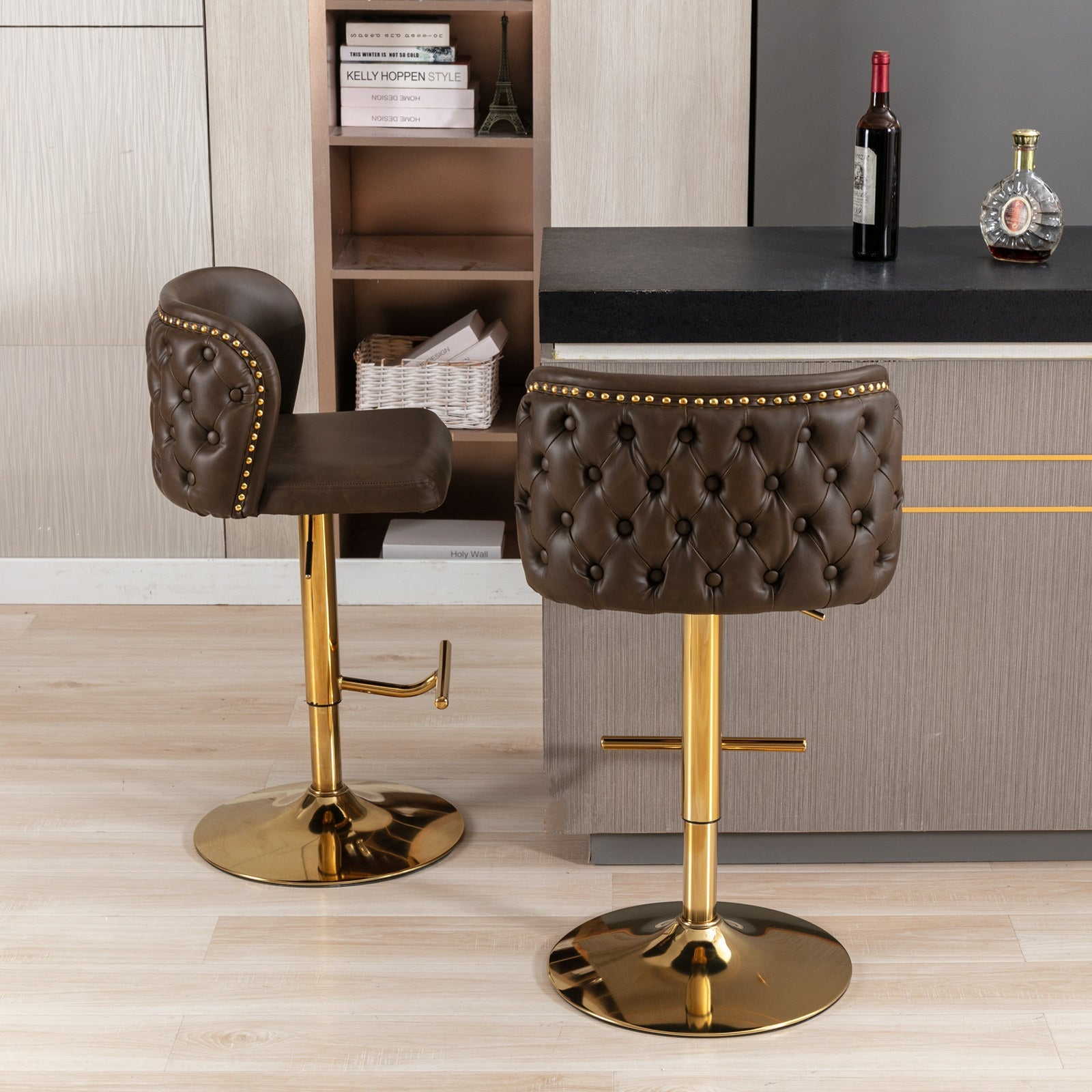 A&A Furniture,Swivel Barstools Adjusatble Seat Height, Modern PU Upholstered Bar Stools with the whole Back Tufted, for Home Pub and Kitchen Island（Brown, Set of 2） - 1st Choice Furniture Direct