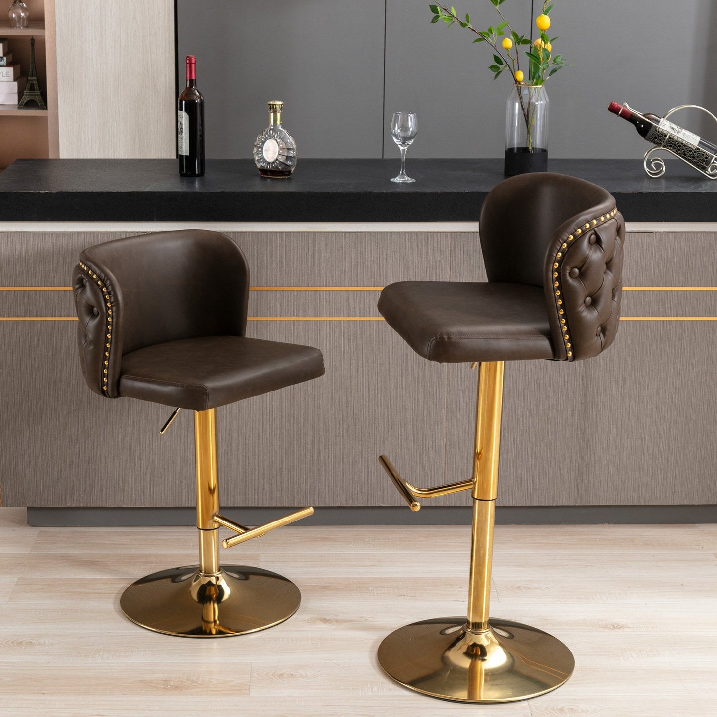 A&A Furniture,Swivel Barstools Adjusatble Seat Height, Modern PU Upholstered Bar Stools with the whole Back Tufted, for Home Pub and Kitchen Island（Brown, Set of 2） - 1st Choice Furniture Direct