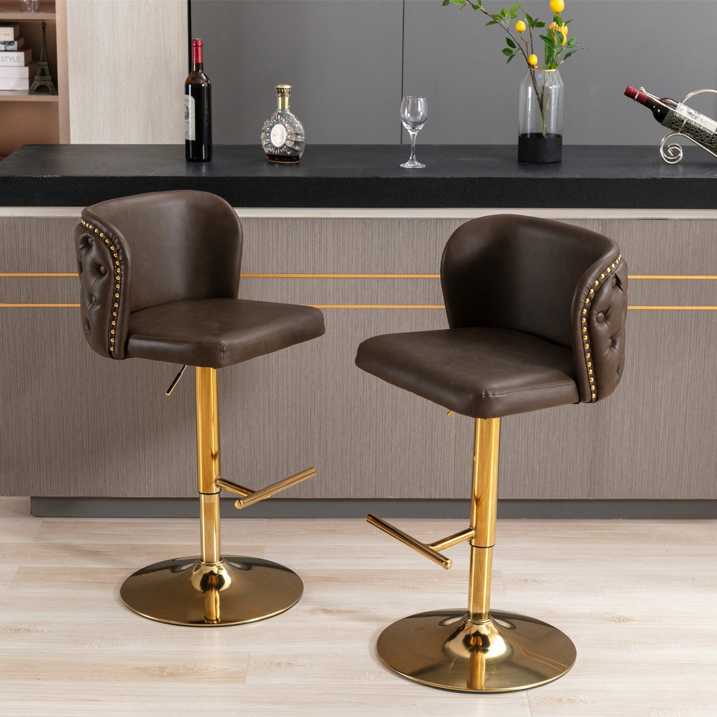 A&A Furniture,Swivel Barstools Adjusatble Seat Height, Modern PU Upholstered Bar Stools with the whole Back Tufted, for Home Pub and Kitchen Island（Brown, Set of 2） - 1st Choice Furniture Direct
