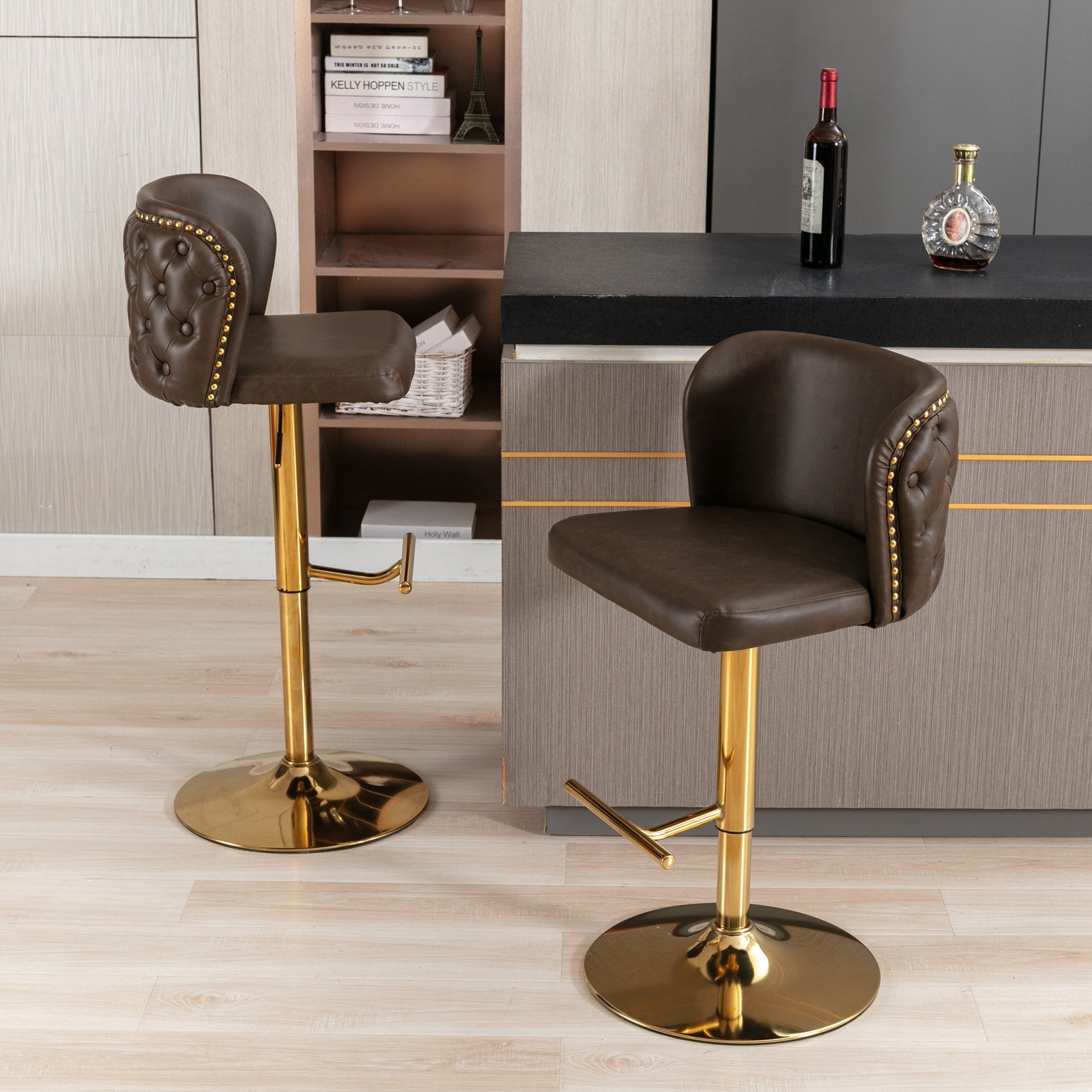 A&A Furniture,Swivel Barstools Adjusatble Seat Height, Modern PU Upholstered Bar Stools with the whole Back Tufted, for Home Pub and Kitchen Island（Brown, Set of 2） - 1st Choice Furniture Direct