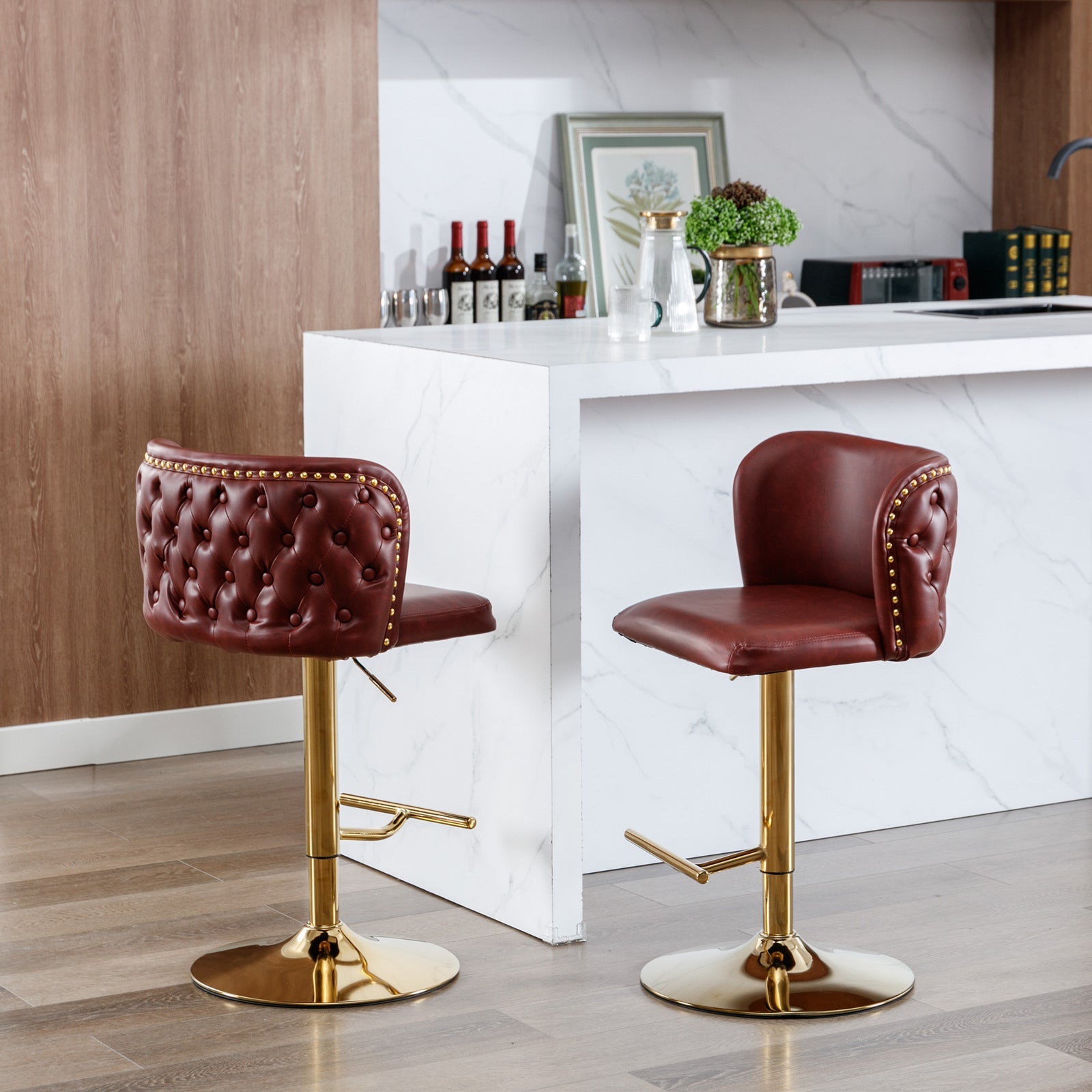 Burgundy Swivel Bar Stools Set of 2 | Adjustable Faux Leather Chairs ...