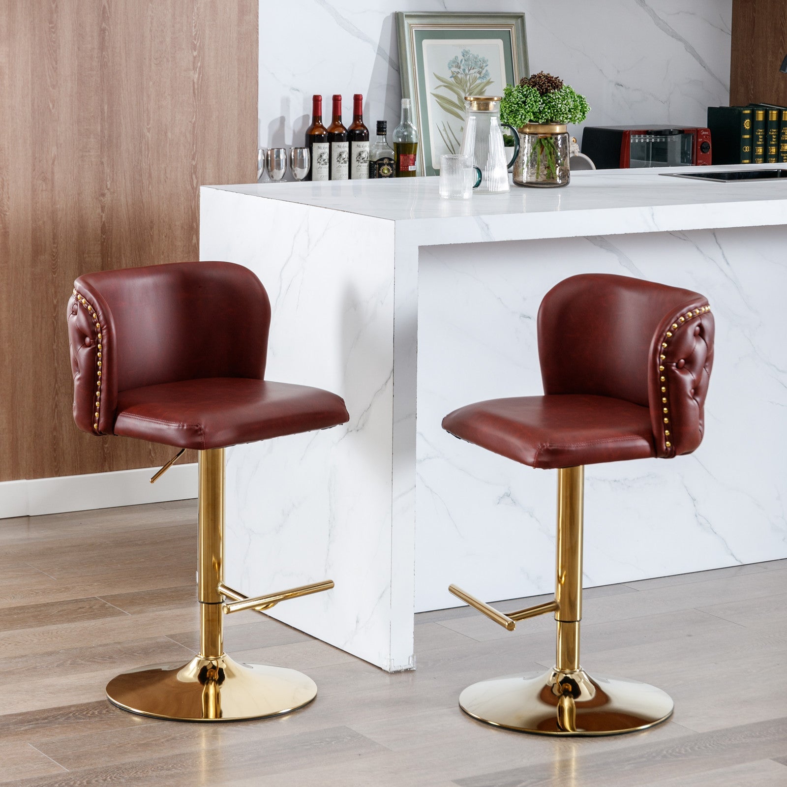 A&A Furniture,Swivel Barstools Adjusatble Seat Height, Modern PU Upholstered Bar Stools with the whole Back Tufted, for Home Pub and Kitchen Island（Wine Red, Burgundy, Set of 2） - 1st Choice Furniture Direct