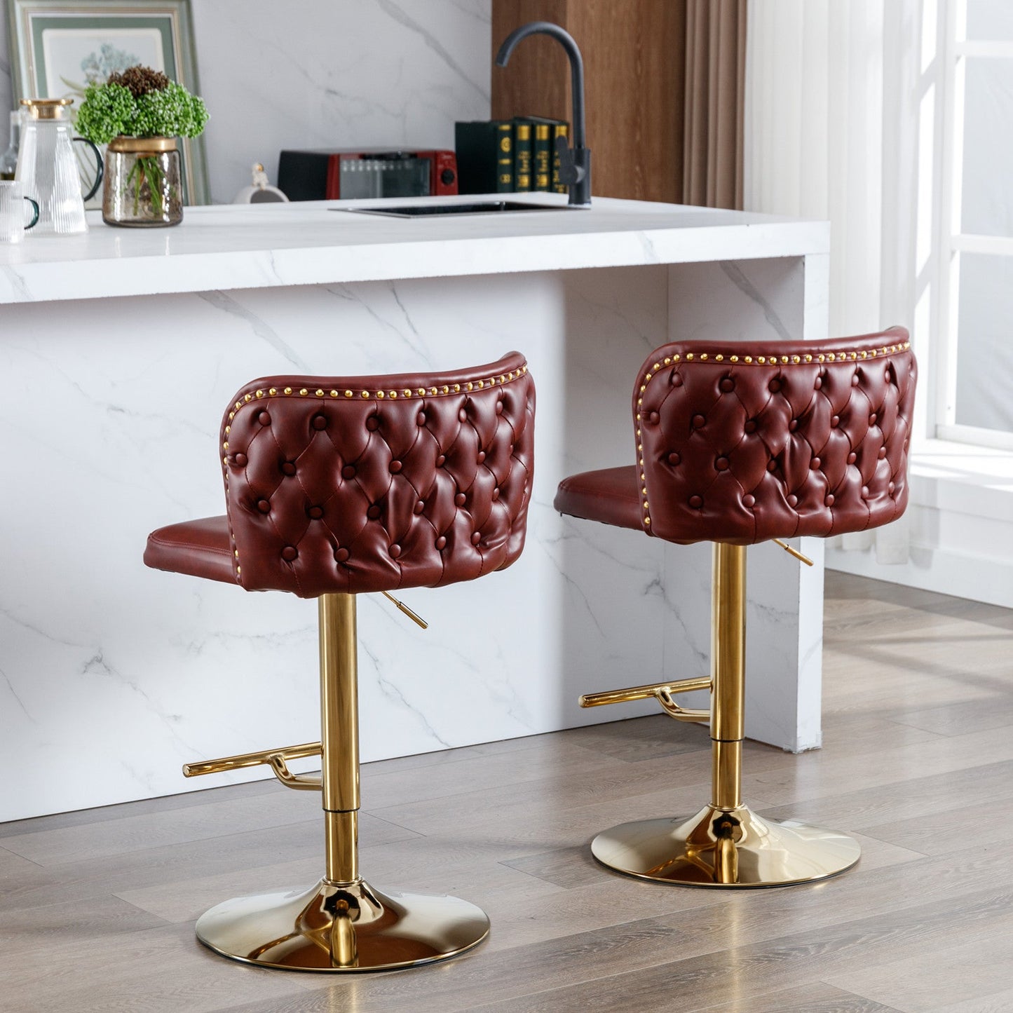 A&A Furniture,Swivel Barstools Adjusatble Seat Height, Modern PU Upholstered Bar Stools with the whole Back Tufted, for Home Pub and Kitchen Island（Wine Red, Burgundy, Set of 2） - 1st Choice Furniture Direct