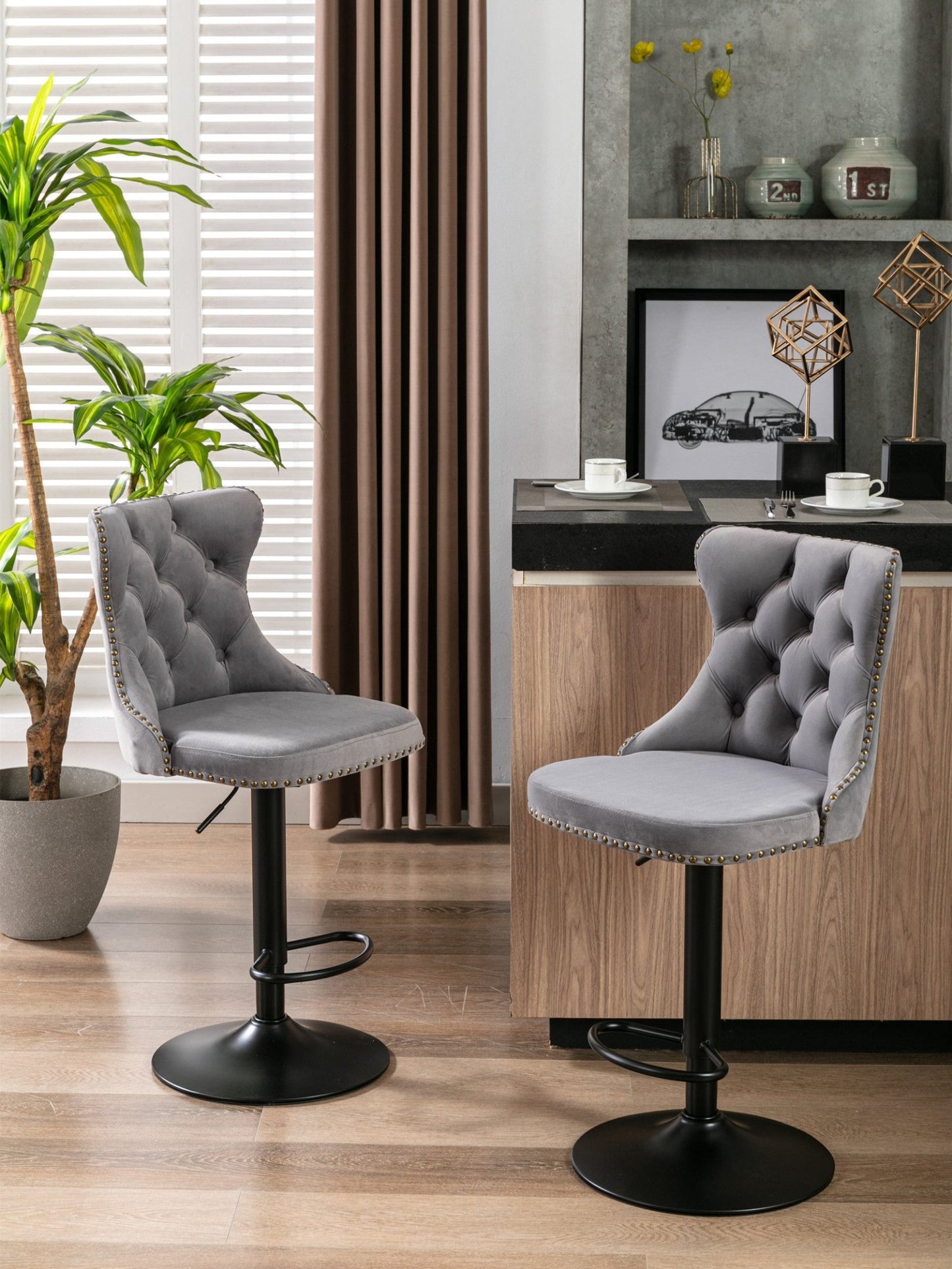 A&A Furniture,Swivel Velvet Barstools Adjusatble Seat Height from 25 - 33 Inch,17.7 inch base, Modern Upholstered Bar Stools with Backs Comfortable Tufted for Home Pub and Kitchen Island,Gray,Set of 2 - 1st Choice Furniture Direct