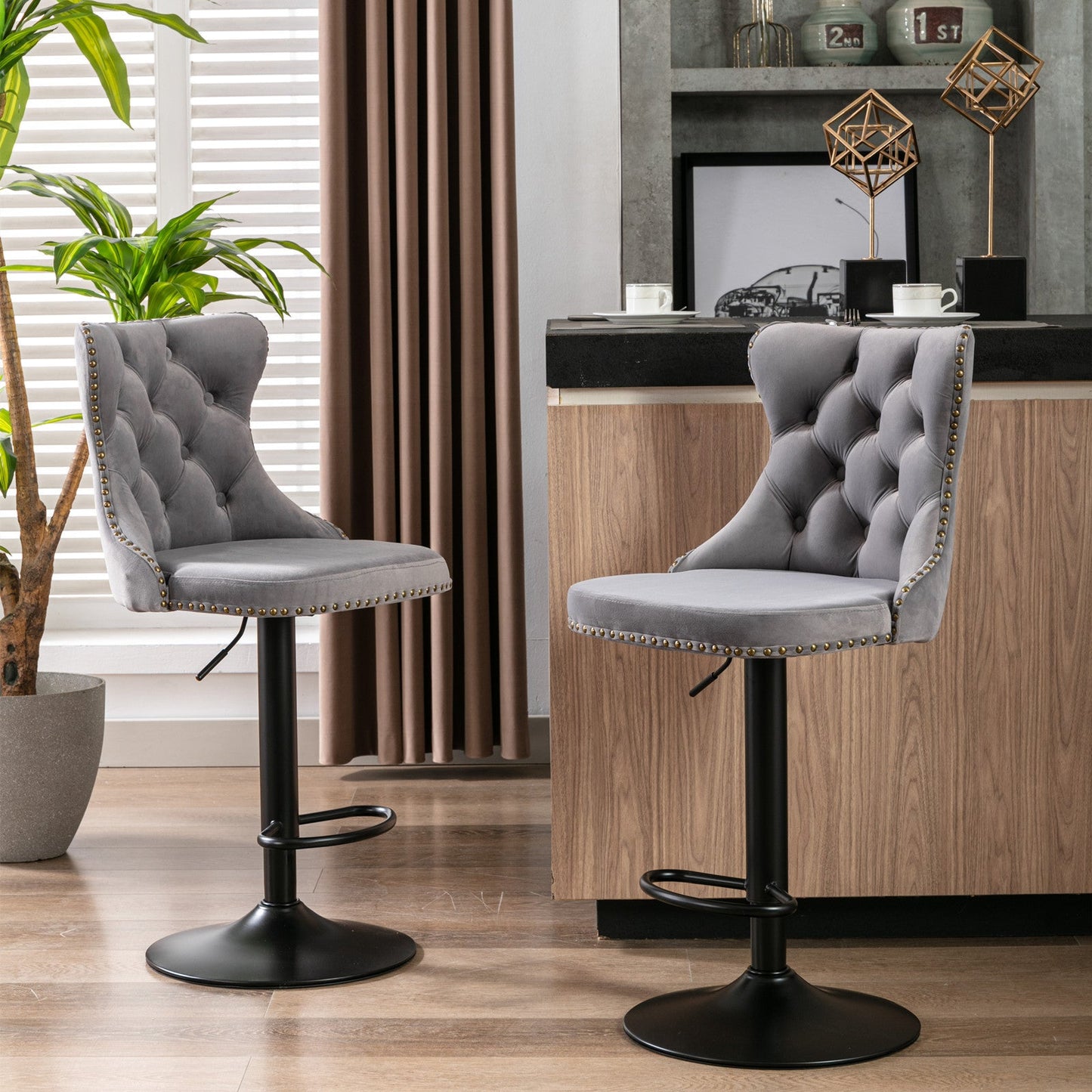 A&A Furniture,Swivel Velvet Barstools Adjusatble Seat Height from 25 - 33 Inch,17.7 inch base, Modern Upholstered Bar Stools with Backs Comfortable Tufted for Home Pub and Kitchen Island,Gray,Set of 2 - 1st Choice Furniture Direct