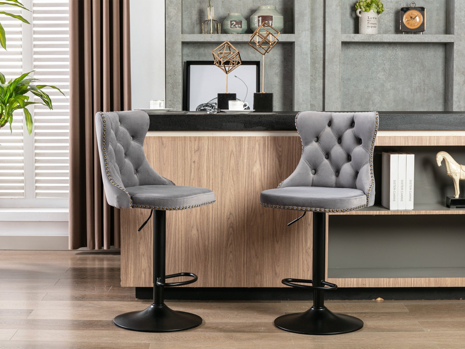 A&A Furniture,Swivel Velvet Barstools Adjusatble Seat Height from 25 - 33 Inch,17.7 inch base, Modern Upholstered Bar Stools with Backs Comfortable Tufted for Home Pub and Kitchen Island,Gray,Set of 2 - 1st Choice Furniture Direct
