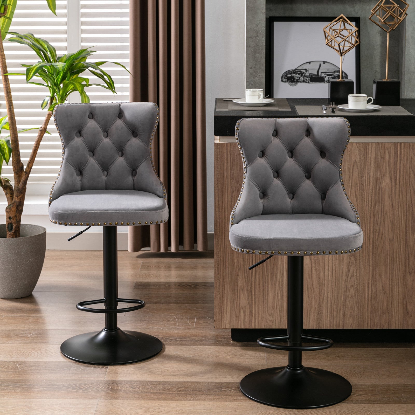 A&A Furniture,Swivel Velvet Barstools Adjusatble Seat Height from 25 - 33 Inch,17.7 inch base, Modern Upholstered Bar Stools with Backs Comfortable Tufted for Home Pub and Kitchen Island,Gray,Set of 2 - 1st Choice Furniture Direct